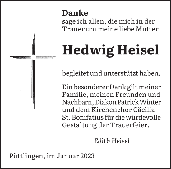 Todesanzeige von Hedwig Heisel von saarbruecker_zeitung