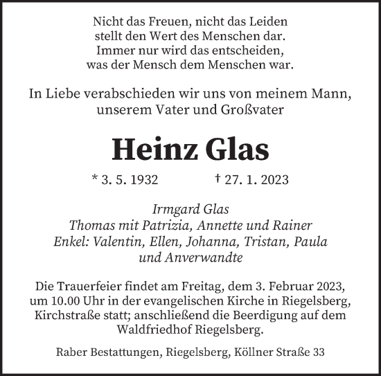 Todesanzeige von Heinz Glas von saarbruecker_zeitung