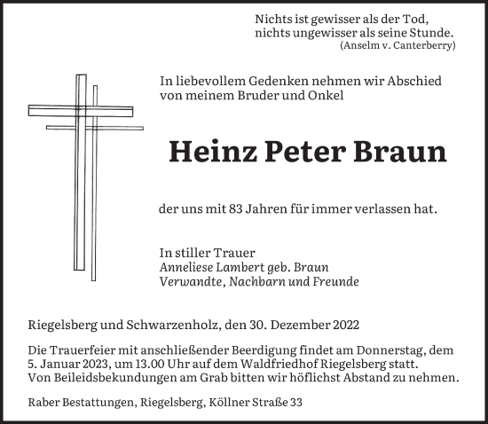 Todesanzeige von Heinz Peter Braun von saarbruecker_zeitung