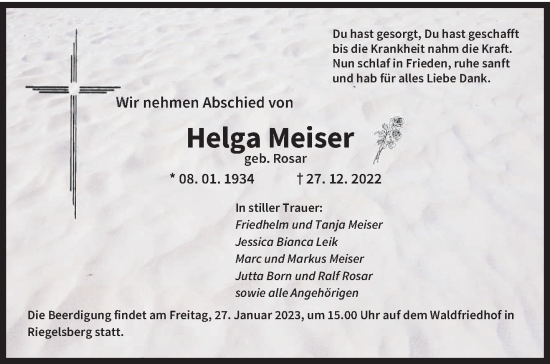 Todesanzeige von Helga Meiser von saarbruecker_zeitung