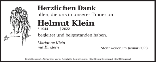 Todesanzeige von Helmut Klein von saarbruecker_zeitung