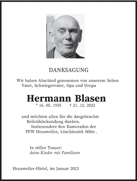 Todesanzeige von Hermann Blasen von saarbruecker_zeitung