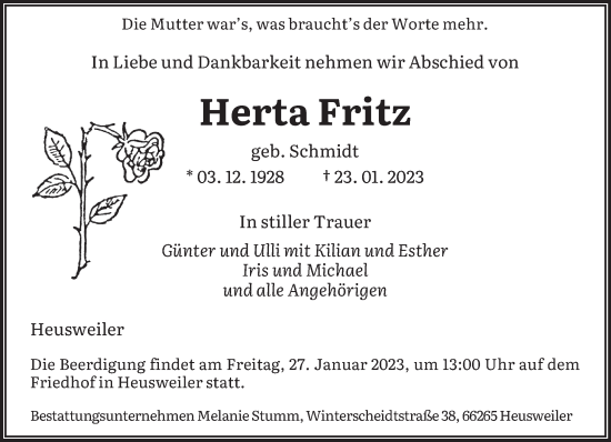 Todesanzeige von Herta Fritz von saarbruecker_zeitung