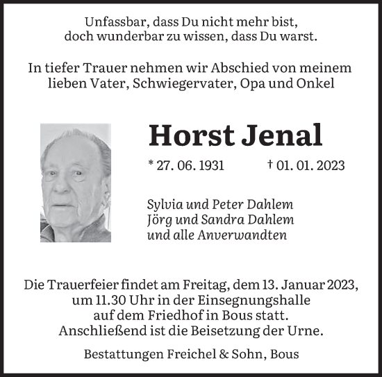 Todesanzeige von Horst Jenal von saarbruecker_zeitung