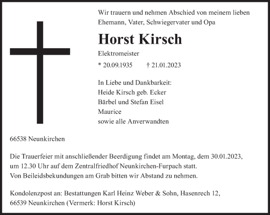 Todesanzeige von Horst Kirsch von saarbruecker_zeitung