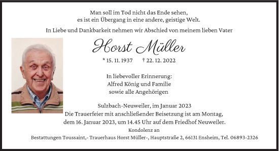 Todesanzeige von Horst Müller von saarbruecker_zeitung