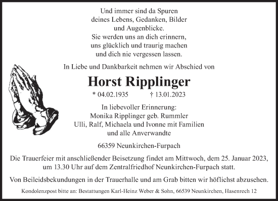 Todesanzeige von Horst Ripplinger von saarbruecker_zeitung