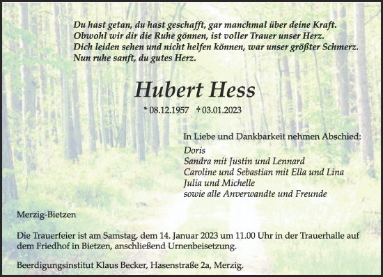 Todesanzeige von Hubert Hess von saarbruecker_zeitung