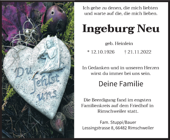 Todesanzeige von Ingeburg Neu von saarbruecker_zeitung