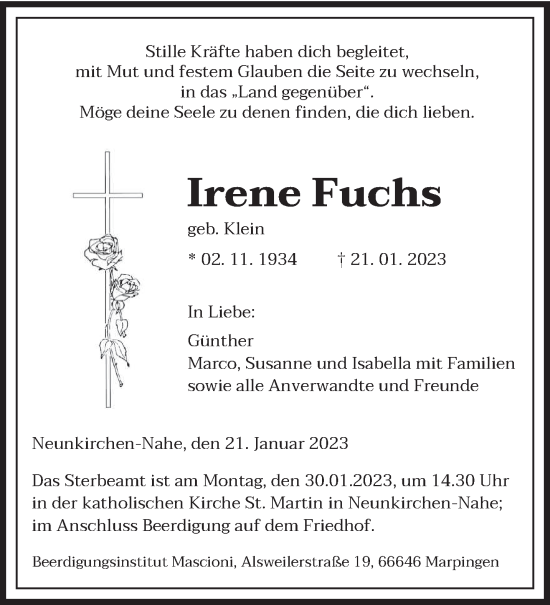 Todesanzeige von Irene Fuchs von saarbruecker_zeitung