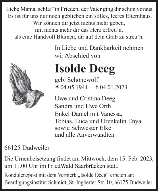 Todesanzeige von Isolde Deeg von saarbruecker_zeitung