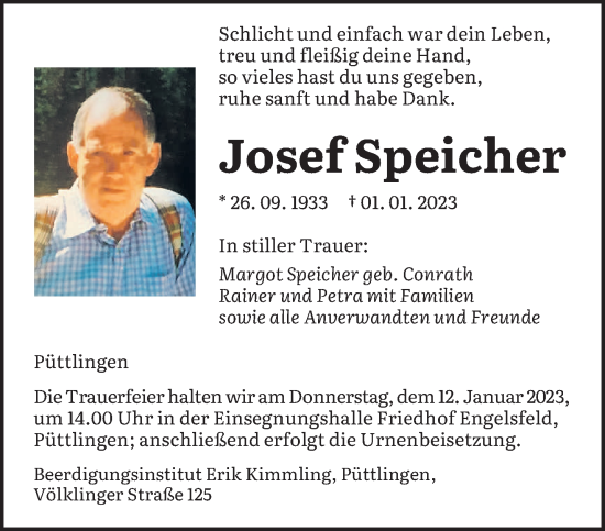 Todesanzeige von Josef Speicher von saarbruecker_zeitung