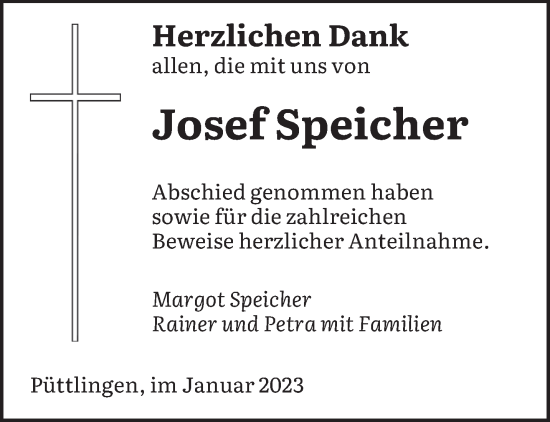 Todesanzeige von Josef Speicher von saarbruecker_zeitung