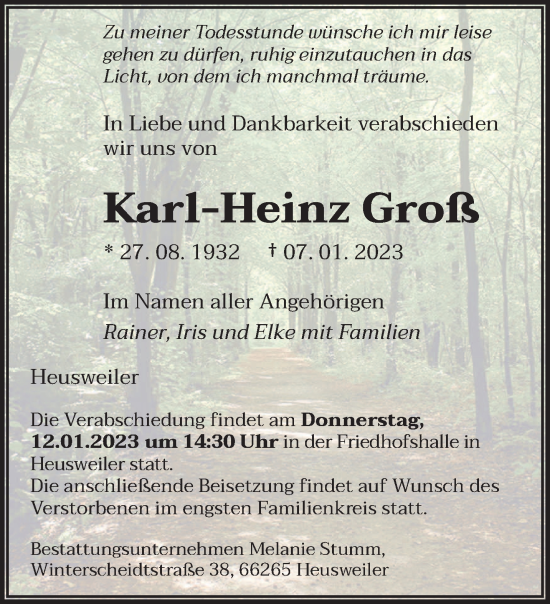 Todesanzeige von Karl-Heinz Groß von saarbruecker_zeitung