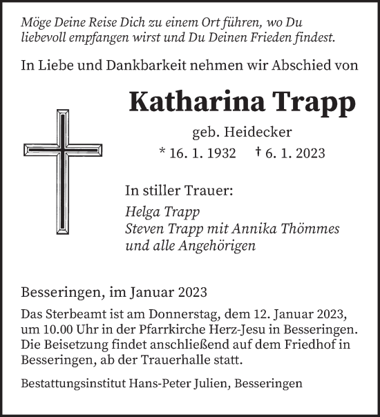 Todesanzeige von Katharina Trapp von saarbruecker_zeitung