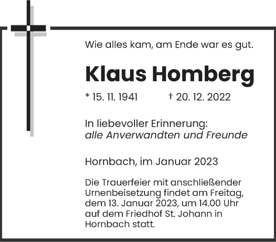 Todesanzeige von Klaus Homberg von saarbruecker_zeitung