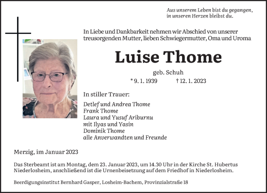 Todesanzeige von Luise Thome von saarbruecker_zeitung