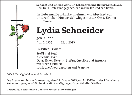 Todesanzeige von Lydia Schneider von saarbruecker_zeitung