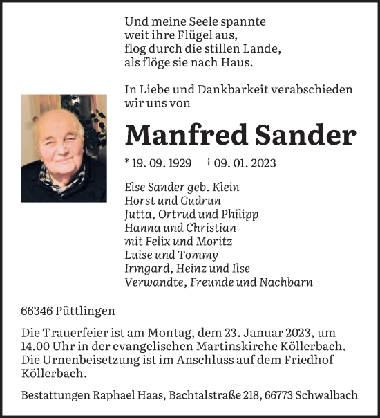 Todesanzeige von Manfred Sander von saarbruecker_zeitung