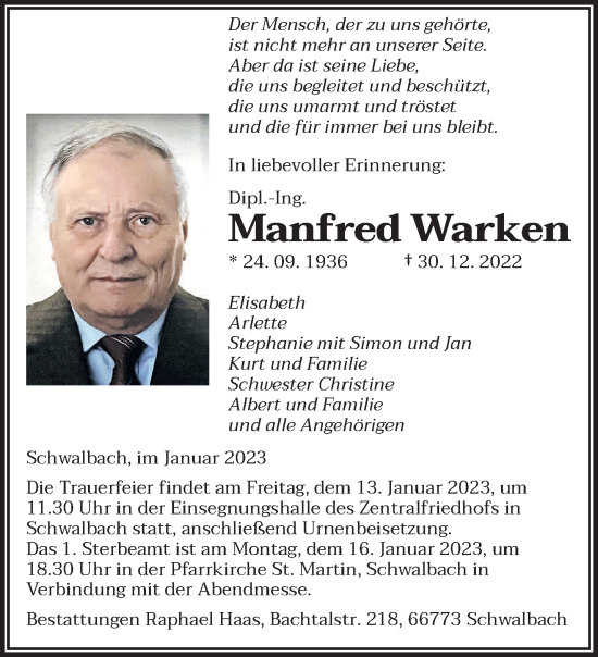 Todesanzeige von Manfred Warken von saarbruecker_zeitung