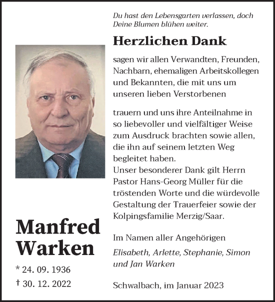 Todesanzeige von Manfred Warken von saarbruecker_zeitung