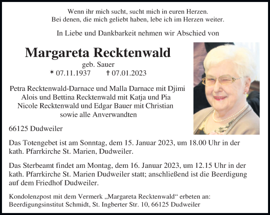 Todesanzeige von Margareta Recktenwald von saarbruecker_zeitung