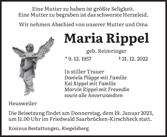 Todesanzeige von Maria Rippel von saarbruecker_zeitung