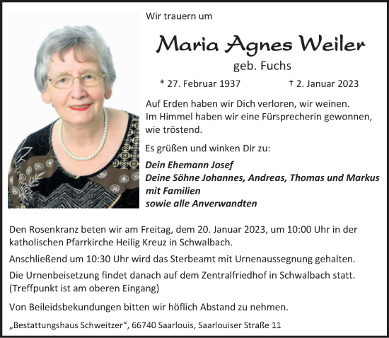 Todesanzeige von Maria Agnes Weiler von saarbruecker_zeitung