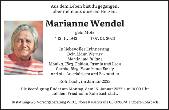 Todesanzeige von Marianne Wendel von saarbruecker_zeitung