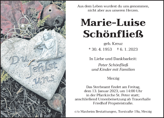 Todesanzeige von Marie-Luise Schönfließ von saarbruecker_zeitung