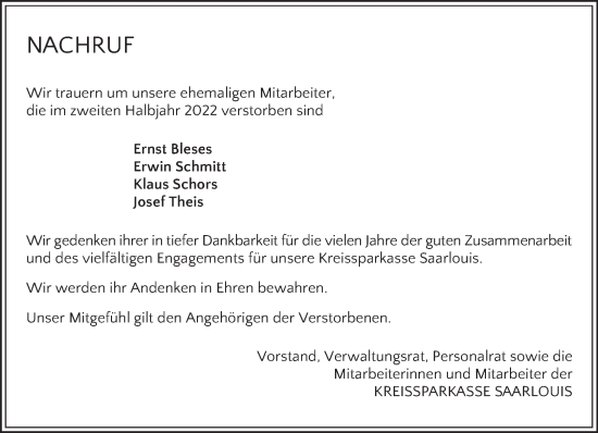 Todesanzeige von Nachruf Kreissparkasse Saarlouis von saarbruecker_zeitung