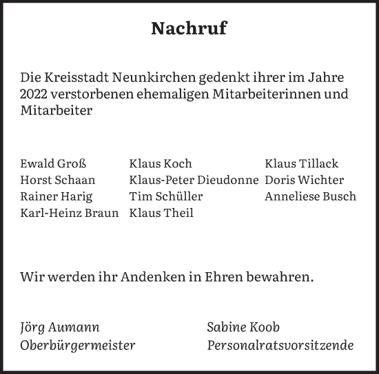 Todesanzeige von Nachruf Kreisstadt Neunkirchen von saarbruecker_zeitung