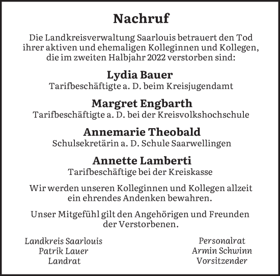 Todesanzeige von Nachruf Landkreisverwaltung Saarlouis von saarbruecker_zeitung