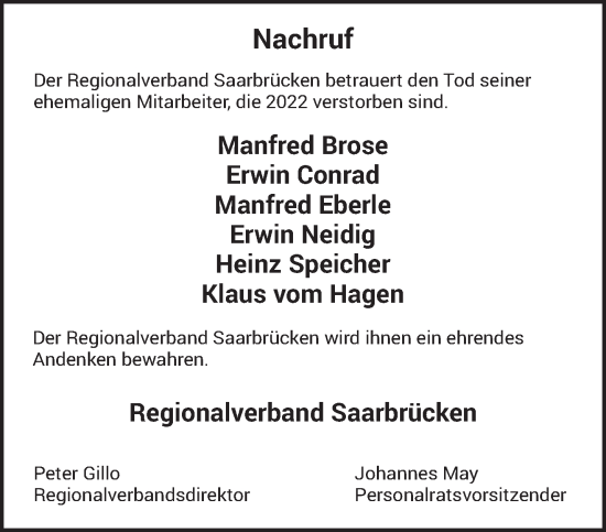 Todesanzeige von Nachruf Regionalverband Saarbrücken von saarbruecker_zeitung