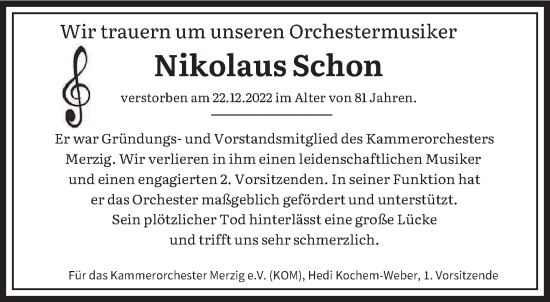 Todesanzeige von Nikolaus Schon von saarbruecker_zeitung