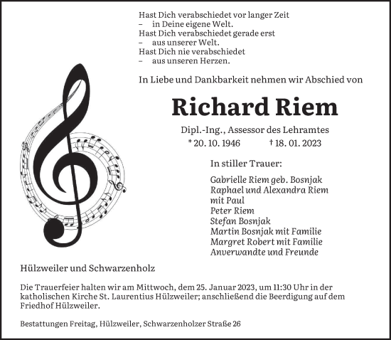 Todesanzeige von Richard Riem von saarbruecker_zeitung