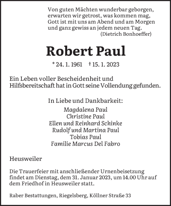 Todesanzeige von Robert Paul von saarbruecker_zeitung