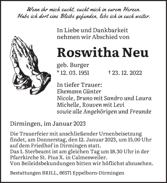 Todesanzeige von Roswitha Neu von saarbruecker_zeitung