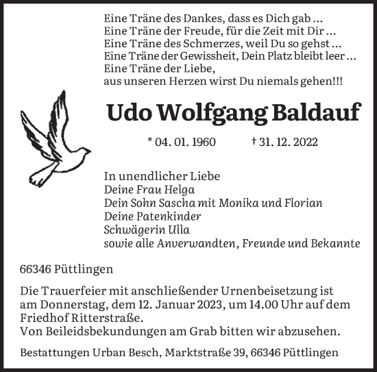 Todesanzeige von Udo Wolfgang Baldauf von saarbruecker_zeitung