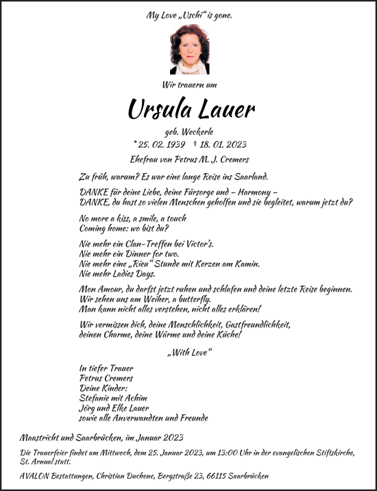 Todesanzeige von Ursula Lauer von saarbruecker_zeitung