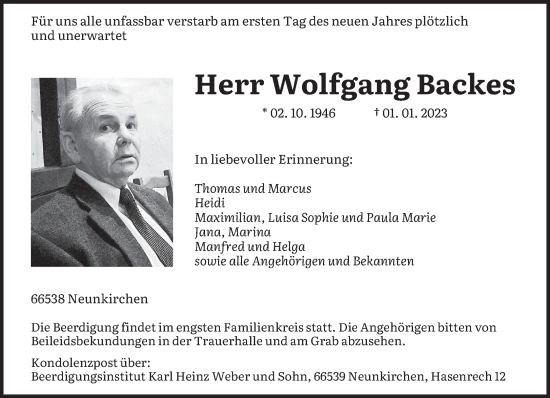 Todesanzeige von Wolfgang Backes von saarbruecker_zeitung