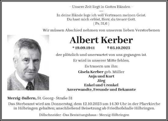 Todesanzeige von Albert Kerber von saarbruecker_zeitung