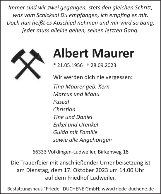 Todesanzeige von Albert Maurer von saarbruecker_zeitung