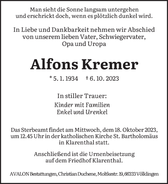 Todesanzeige von Alfons Kremer von saarbruecker_zeitung