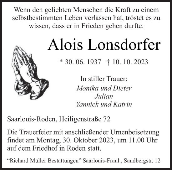 Todesanzeige von Alois Lonsdorfer von saarbruecker_zeitung