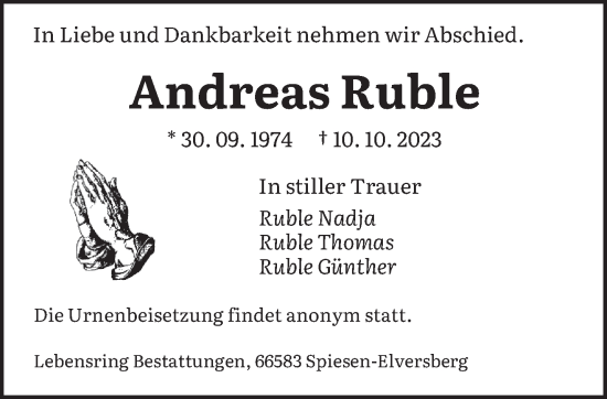 Todesanzeige von Andreas Ruble von saarbruecker_zeitung