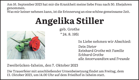 Todesanzeige von Angelika Stiller von saarbruecker_zeitung