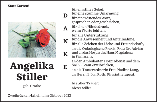 Todesanzeige von Angelika Stiller von saarbruecker_zeitung