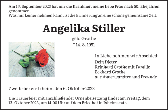 Todesanzeige von Angelika Stiller von saarbruecker_zeitung