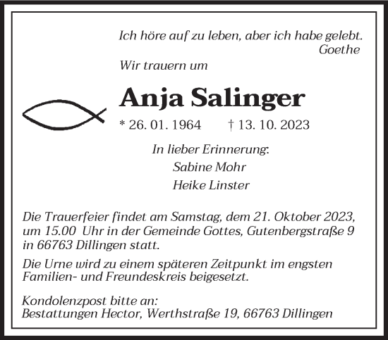Todesanzeige von Anja Salinger von saarbruecker_zeitung